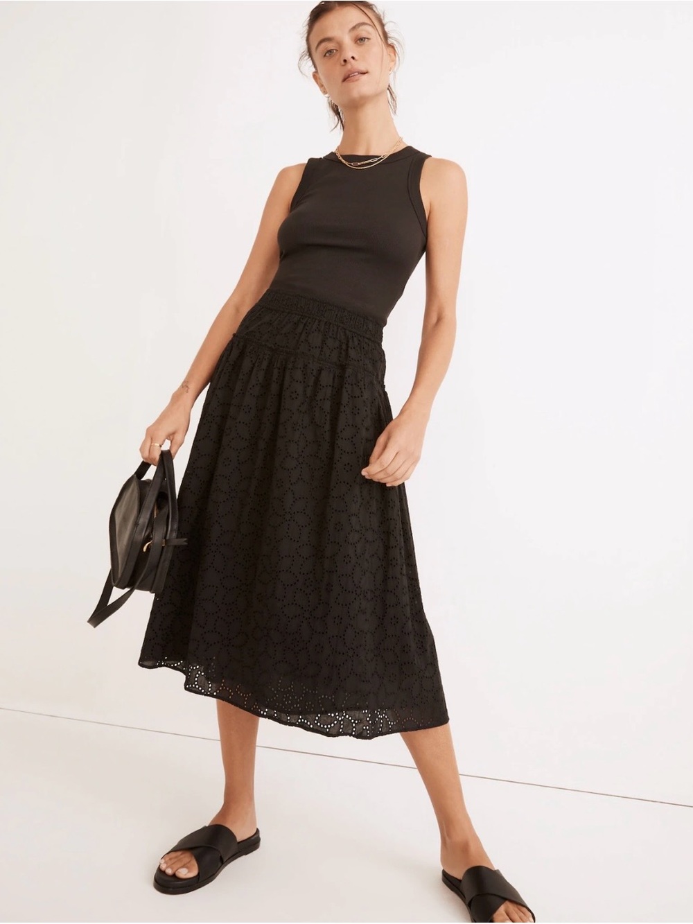 Madewell Eyelet Pull On Midi Skirt True Black Elastic Waist Sz XS